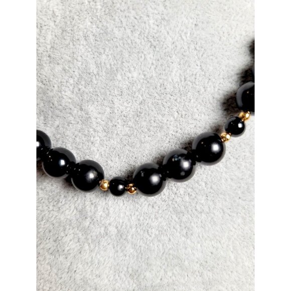Faux Shadow Pearl Onyx Beaded Necklace with Gold Tone Beads - Picture 2 of 5